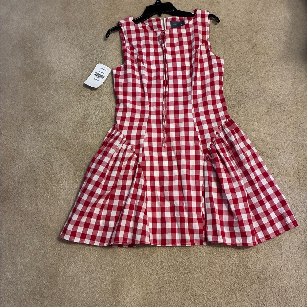 Sleeveless Red and White Gingham Midi Dress with Front Button Placket
